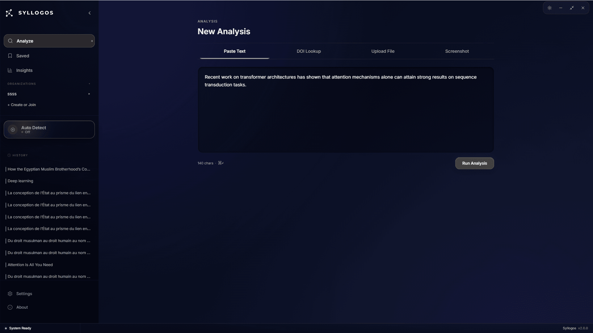 The Syllogos desktop app with a captured paper and the CRAF 4.0 action menu