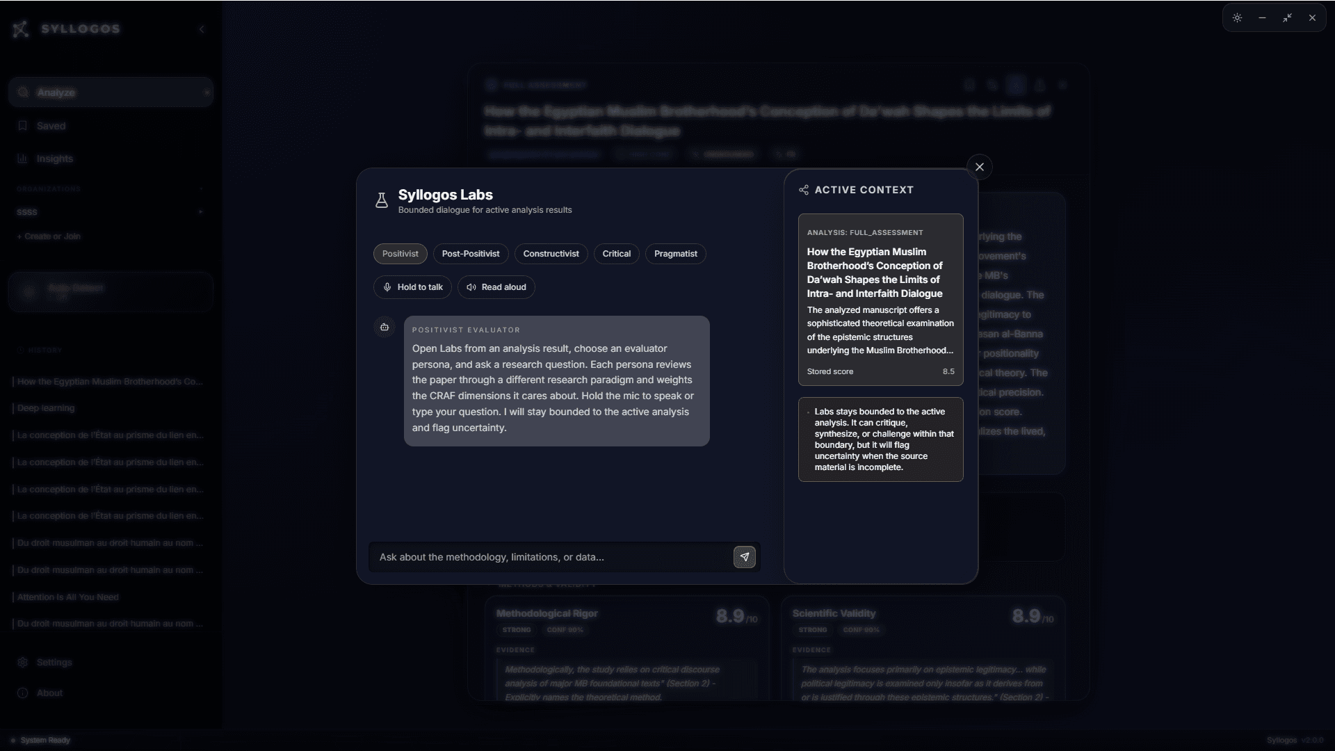 Syllogos Labs, a conversational Q&A panel over a loaded research paper
